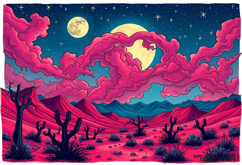 Tim Burton’s nevada new mexico desert  and dripping with muted reds, dusty pinks, and eerie green glow purple and cyan smokey clouds swirl and dance in the moonlit night sky filled with twinkling stars  tattoo idea tattoo idea