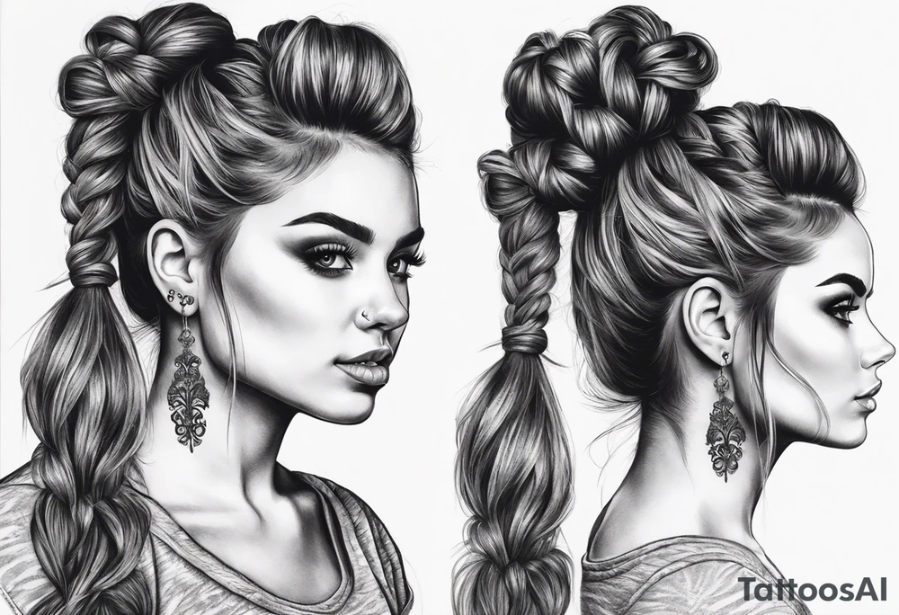 feminine skull and cross bones with hair in two buns tattoo idea