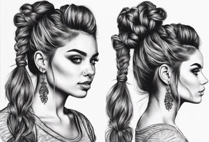feminine skull and cross bones with hair in two buns tattoo idea