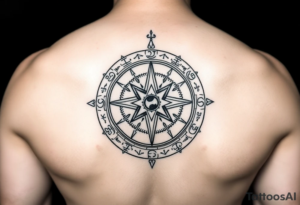 Create a line work Viking compass using symbols for protection, wisdom, and knowledge from both the Aztec and Viking cultures. Make the image very simple and able to print. Outline only not a lot of thick black use elder futhark runes for protection, wisdom and luck. tattoo idea