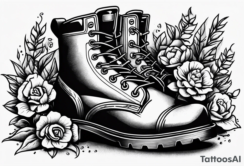 dads worn out work boots sitting with wrench, screwdriver & hammer and a beer around or near it and flowers growing out of the boots. tattoo idea