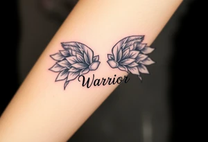 lotus flowers beautiful bold angel wings with word "Warrior" tattoo idea