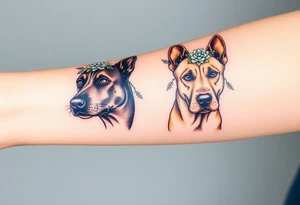 a black merle Australian cattle dog and a tan staffie with flowers and succulents around their heads tattoo idea