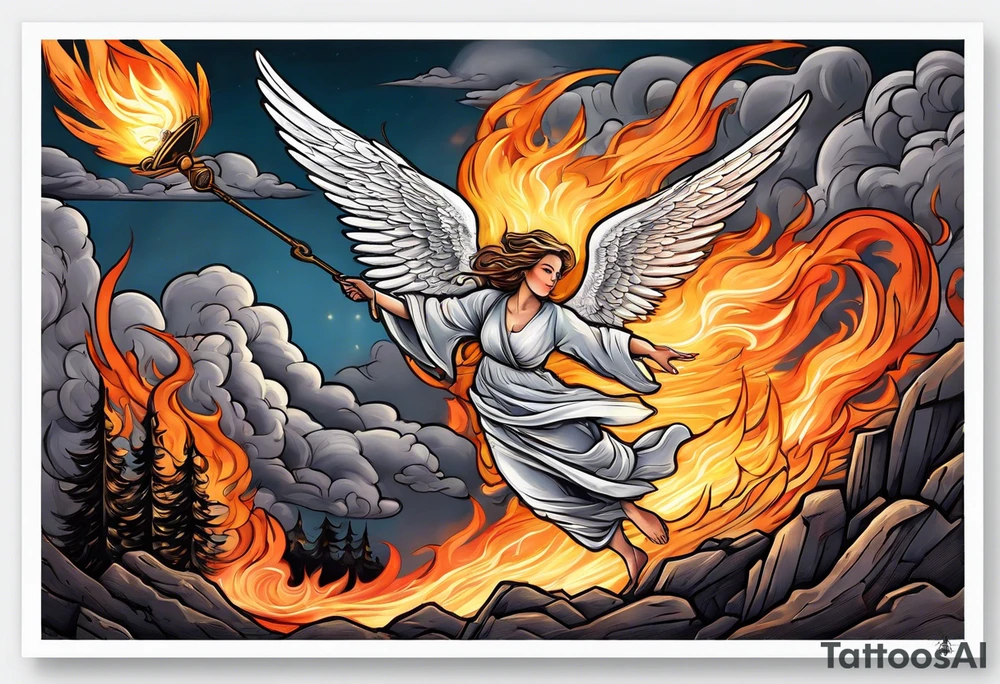 Angel flying over a fire with a man bellow tattoo idea
