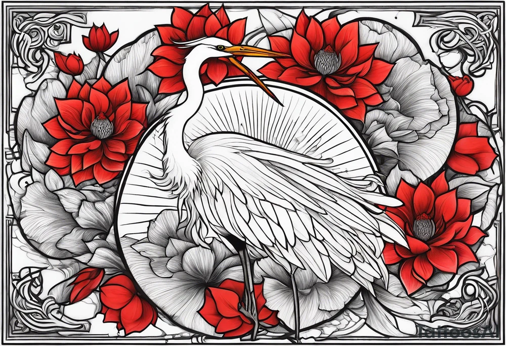 Egret and red lotuses tattoo idea