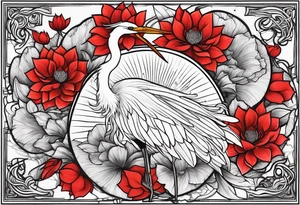 Egret and red lotuses tattoo idea