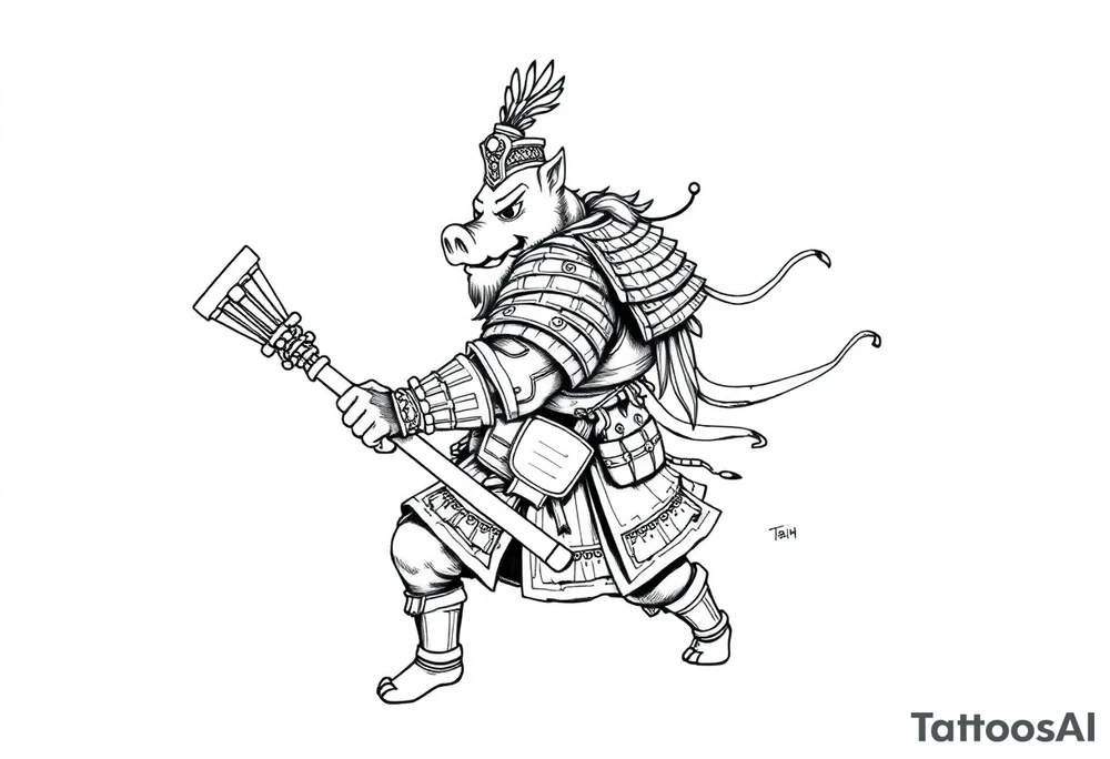 Please design a tattoo stencil linework drawing of Marshal Tian Peng (Pigsy from Chinese mythology) in a realistic traditional tattoo style. He should be wearing heavy armor, holding a weapon (like a rake or traditional polearm), with a dynamic pose as if charging out of the frame.
This design is for tattoo stencil transfer, so please use only clean black outlines, no shading, no colors, just clear line art suitable for professional tattoo artists to transfer on skin. tattoo idea