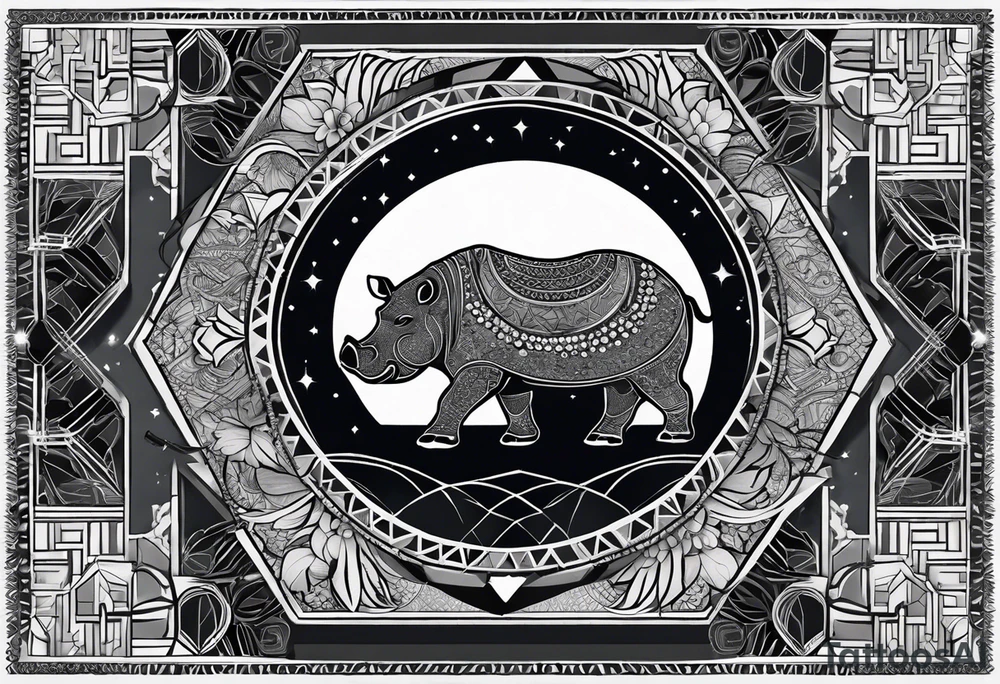 Very asymmetrical, +geometric pattern, with realistic full moon, with hippo,+tribal, +geometric, +inkart , +blackwork, +grey scale, + sketch
with wintersweet flower bud, +for men, detailed layering , modify from my favourites , tattoo idea