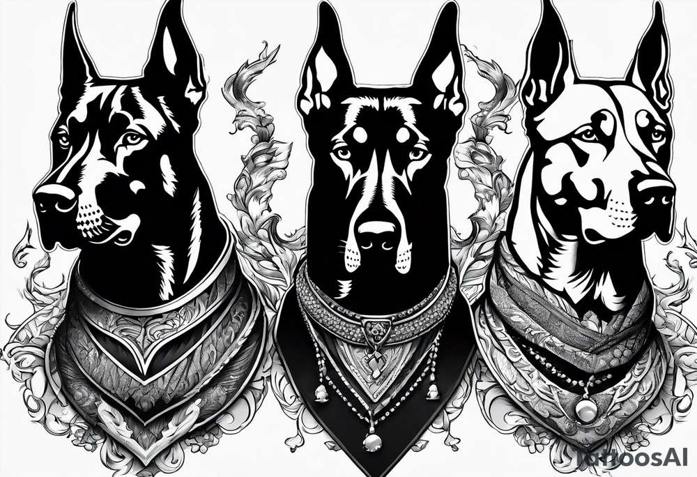 3 very angry Dobermans with fangs tattoo idea