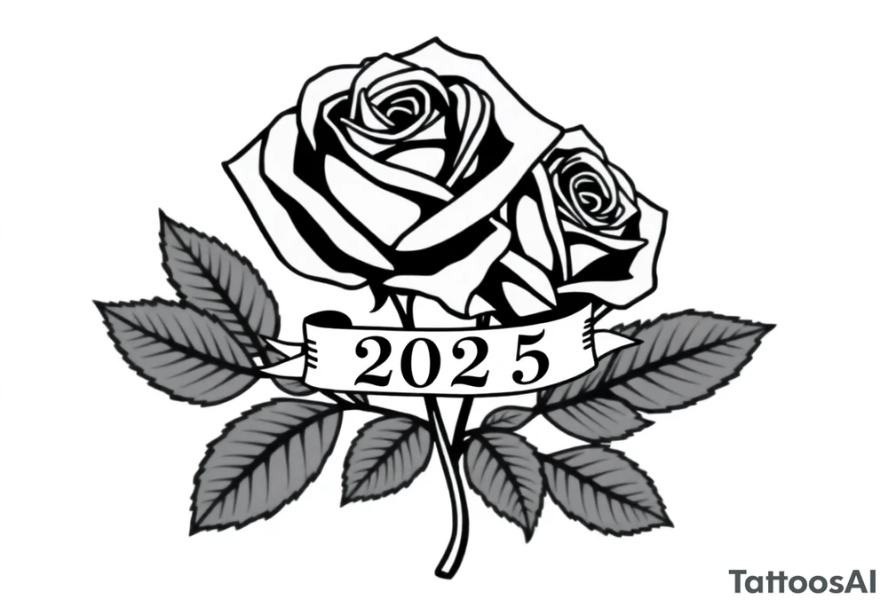 two beautiful large rose buds, one larger than the other, with many leaves next to the rose buds, with one sitting higher than the other. Include a banner connecting the two roses with the year "2025" on it.   Use dark outlines with little shading. The two stems should be short, not long, and connect and join into one stem, whimsically curved or twisted - not straight down. tattoo idea