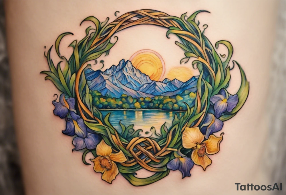Create a small, colorful Vincent van Gogh Irises tattoo in the form of a crescent, with vines in Celtic knot style gracefully intertwining at a central point in the middle of the wreath. The intended placement is on the upper chest. The middle needs mountains. The overall design should be small in size while maintaining a delicate and artistic aesthetic. Pay attention to the graceful flow of the vines and the placement of the irises to achieve a refined and elegant look. tattoo idea