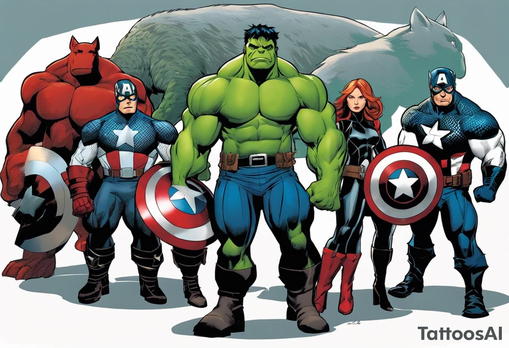 I want to change Avengers Team characters with animals. Hulk will be represented by a Badger.
Thor will be depicted as an Alpha Grey Wolf.
Captain America will be symbolized by a Bull.
Iron Man's character will be embodied by a Canary.
Black Widow's role will be portrayed by an Axolotl.
Hawkeye will be depicted as a Sudan Plated Lizard.
Nick Fury will be represented by a Cat. tattoo idea