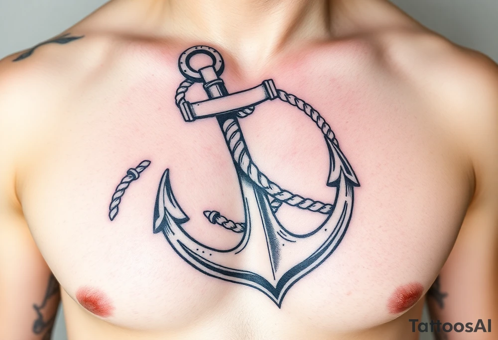 weathered anchor wrapped in nautical rope with sea waves tattoo idea