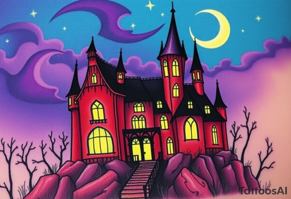 Tim Burton’s disney sleeping beauty’s haunted castle is abandoned and dripping with muted reds, dusty pinks, and eerie green glow.purple and cyan smokey clouds swirl in the crescent moonlit sky thats sprinkled with stars tattoo idea tattoo idea