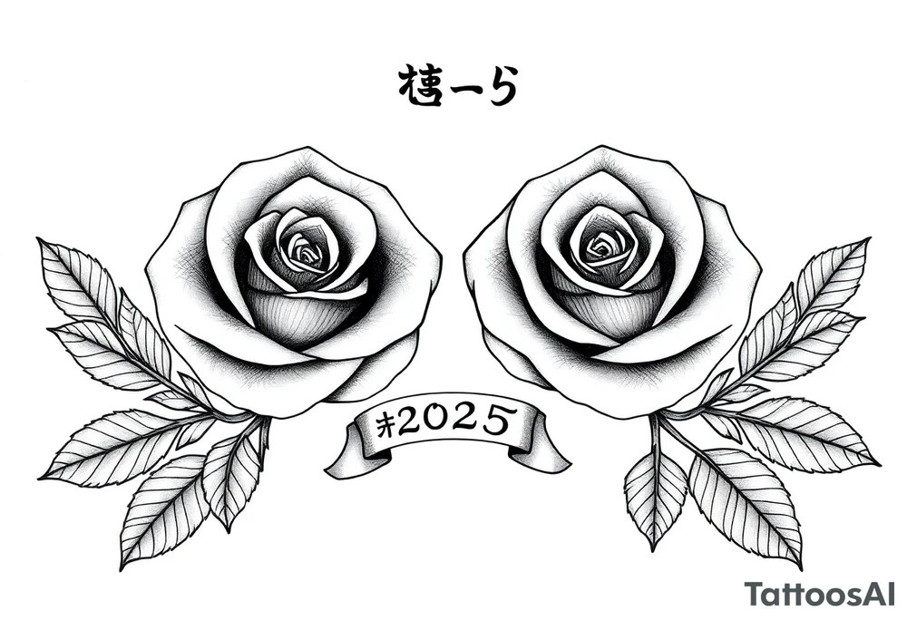 two beautiful rose buds, with many leaves and stems intertwined, representing two people in love. Include a small banner with "2025" on it.  The word "Rose" written in Kanji above the drawing. tattoo idea