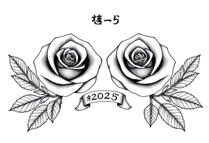 two beautiful rose buds, with many leaves and stems intertwined, representing two people in love. Include a small banner with "2025" on it.  The word "Rose" written in Kanji above the drawing. tattoo idea