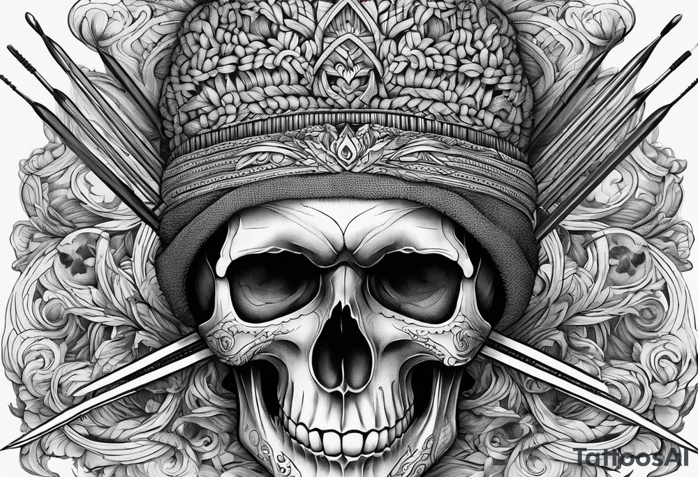 Black line skull with knitting needles stabbing through the eye sockets tattoo idea