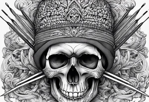 Black line skull with knitting needles stabbing through the eye sockets tattoo idea