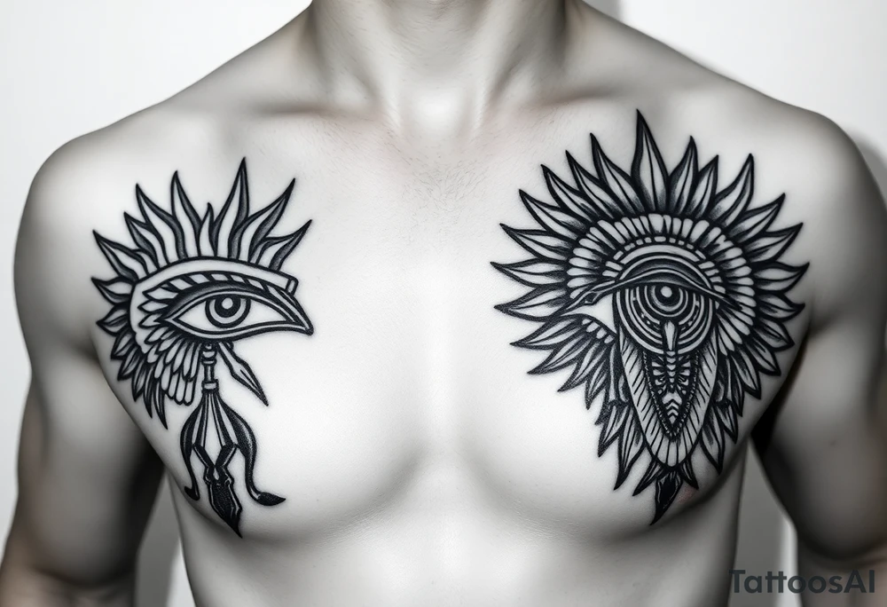 Full chest piece, cybersigilism with eye of Horus on one pec, eye of ra on the other tattoo idea