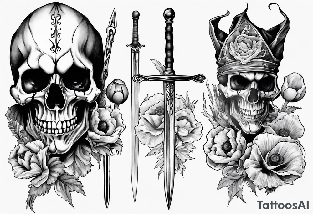 Skull Jester holding sword and poppy tattoo idea