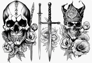 Skull Jester holding sword and poppy tattoo idea