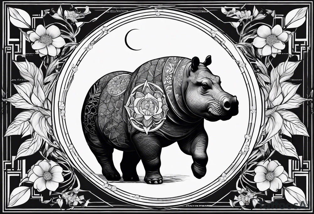 Very asymmetrical, +geometric pattern, with realistic full moon, with hippo head looking back ,
with wintersweet flower bud, +portrait orientation, +inkart touch, tattoo idea