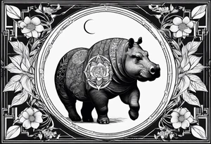 Very asymmetrical, +geometric pattern, with realistic full moon, with hippo head looking back ,
with wintersweet flower bud, +portrait orientation, +inkart touch, tattoo idea