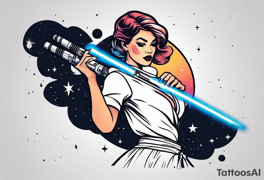 Pinup woman holding light saber in space tattoo idea