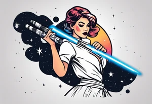 Pinup woman holding light saber in space tattoo idea