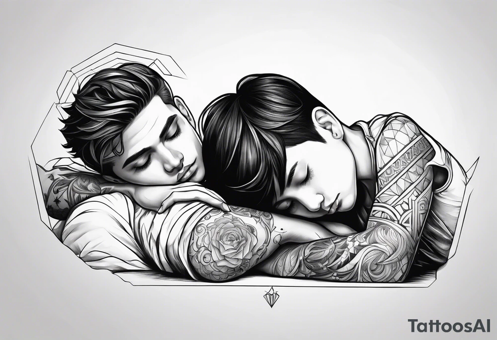 A boy laying his head on gods shoulder tattoo idea