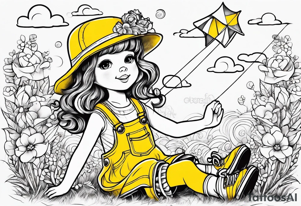 a little girl in a dress & a teddy bear in roller skates and yellow overalls, flying kites tattoo idea