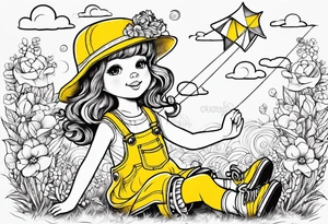 a little girl in a dress & a teddy bear in roller skates and yellow overalls, flying kites tattoo idea