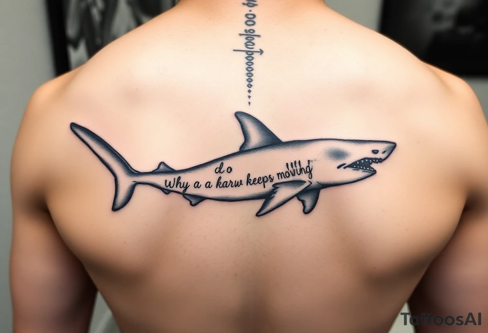 Whale shark on back by spine with the words “do you know why a shark keeps moving”wrapped around the shark tattoo idea
