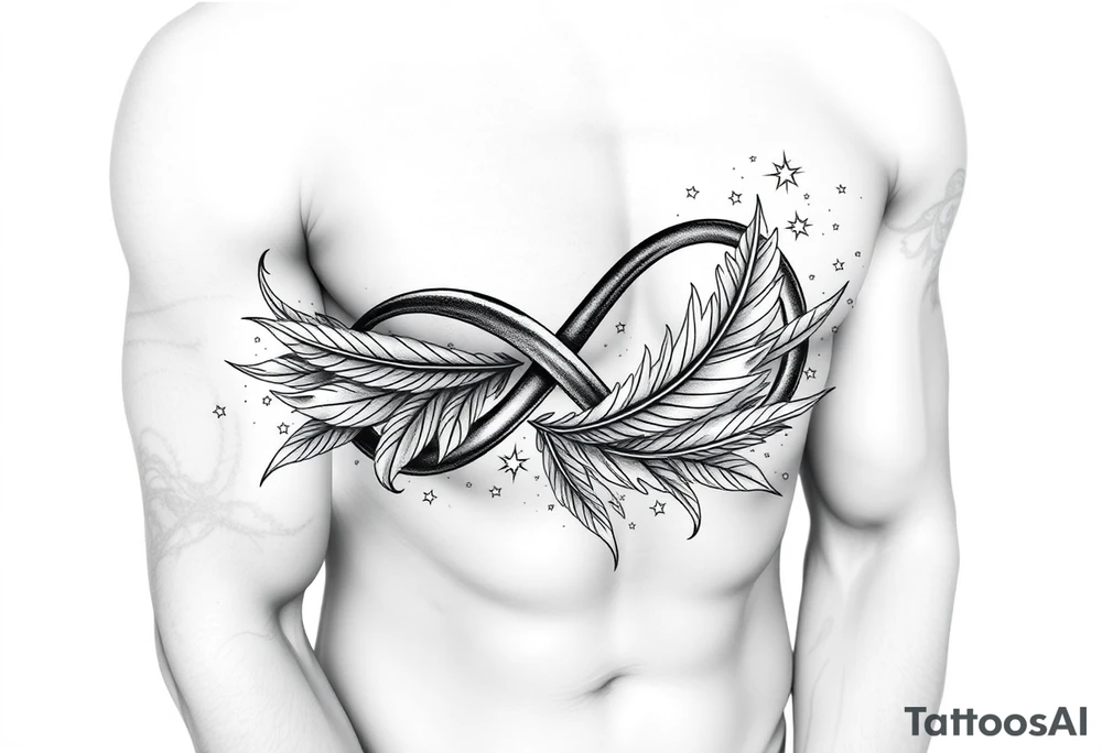 infinity symbol woven with floating feathers and stardust tattoo idea