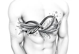 infinity symbol woven with floating feathers and stardust tattoo idea