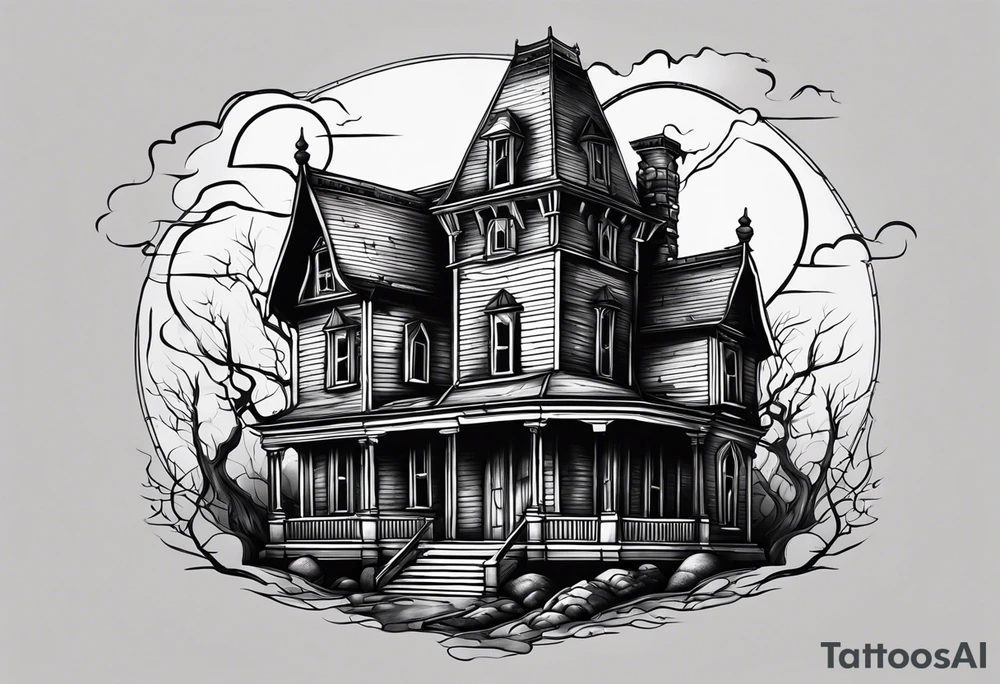 Scary rotting haunted house tattoo idea