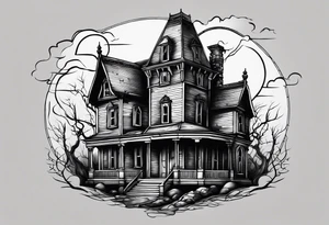Scary rotting haunted house tattoo idea