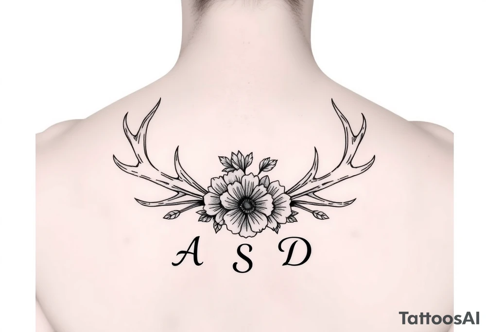 Deer antlers with flower and initials A, S, D tattoo idea