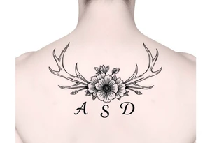 Deer antlers with flower and initials A, S, D tattoo idea
