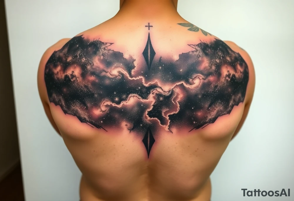full milky way that covers the upper middle back and is geometric. also has Has hues of color tattoo idea
