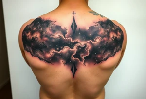 full milky way that covers the upper middle back and is geometric. also has Has hues of color tattoo idea