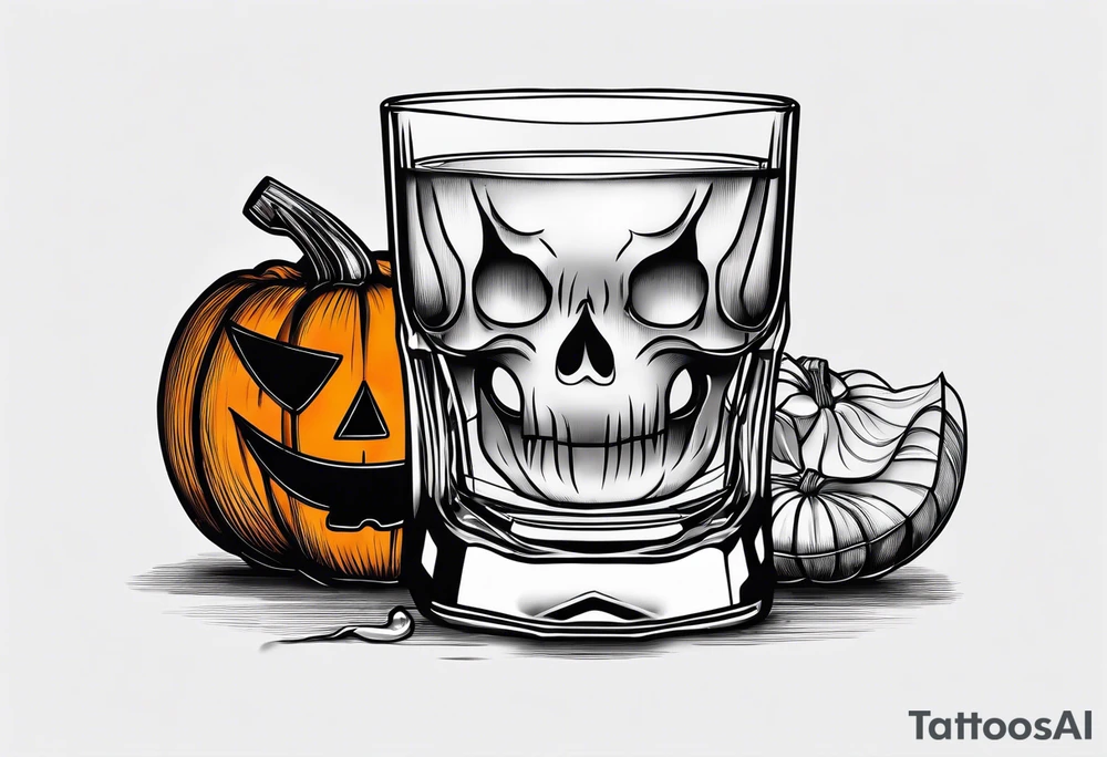 glass of whiskey with one single ice cube that is a jack-o-lantern tattoo idea