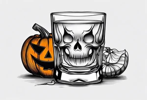 glass of whiskey with one single ice cube that is a jack-o-lantern tattoo idea