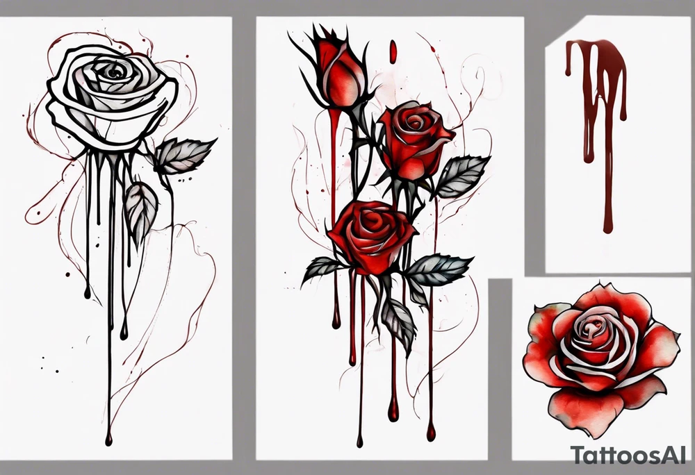 rose flower, one line, red blood dripping from the flower, tall, watercolor on brown skin tattoo idea