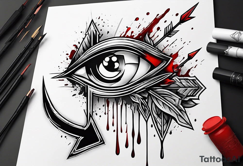 an arrow with only one drip of blood on the tip of it simple line art tattoo idea