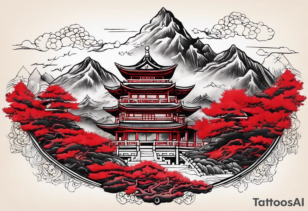 red mountains on which there are two castles tattoo idea