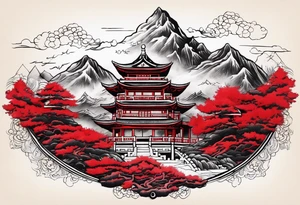 red mountains on which there are two castles tattoo idea
