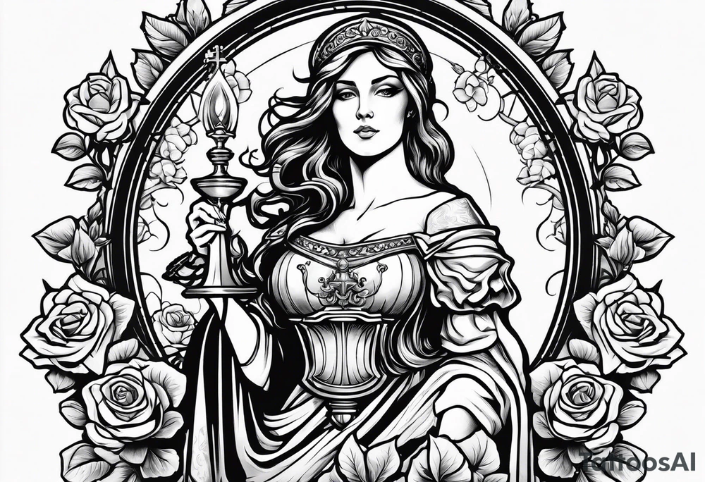 Saint Barbara holding a chalice with cannons behind her surrounded by roses tattoo idea