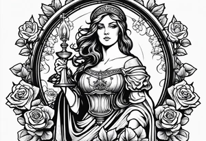 Saint Barbara holding a chalice with cannons behind her surrounded by roses tattoo idea