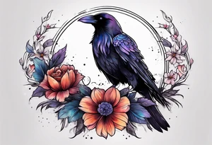 Raven with flowers gothic tattoo idea